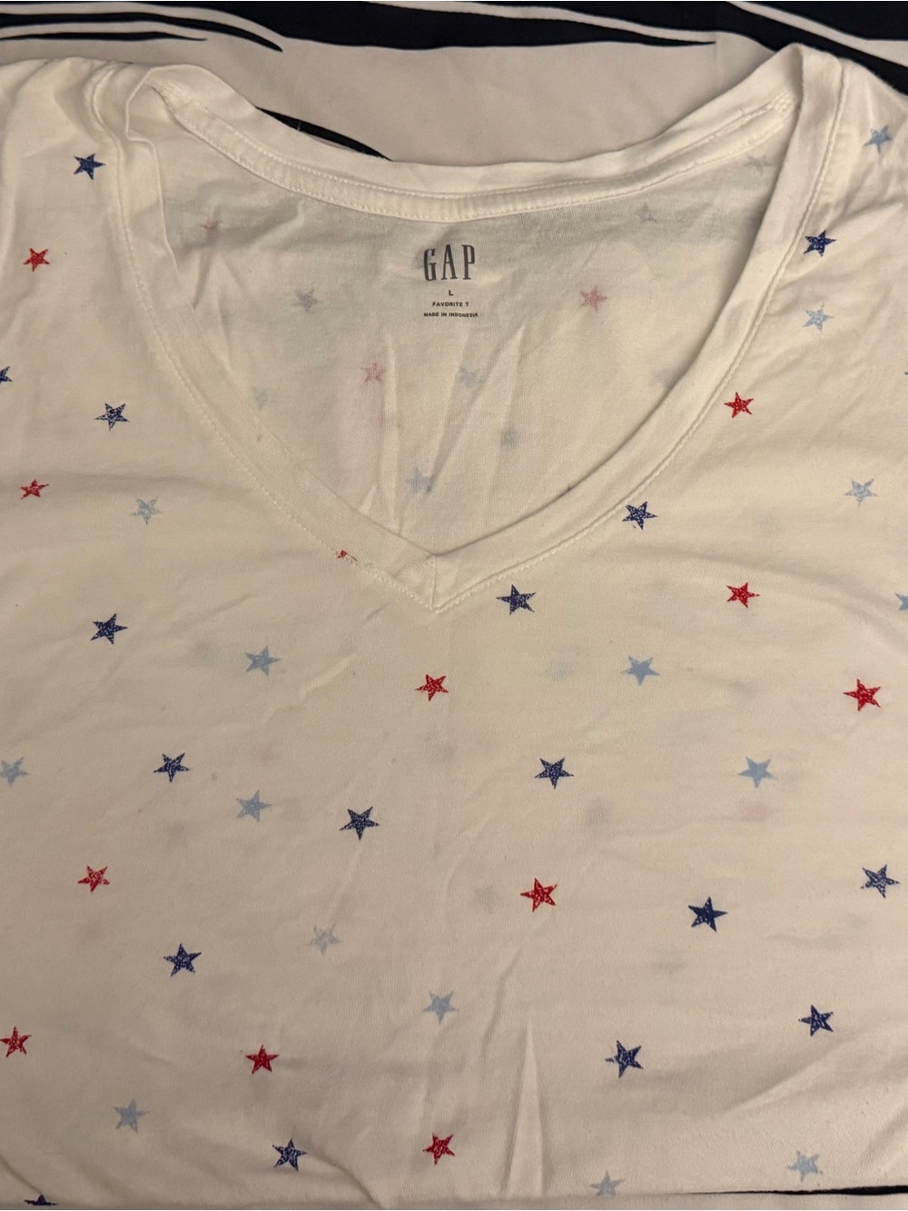 GAP White V-Neck Tee with Red & Blue Star Print